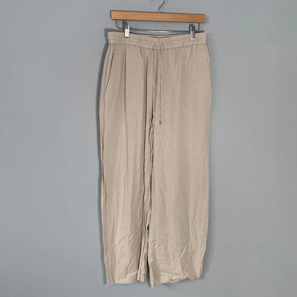 Zara Linen Blend Wide Leg Drawstring Pants‎ Beige Oatmeal Size Large